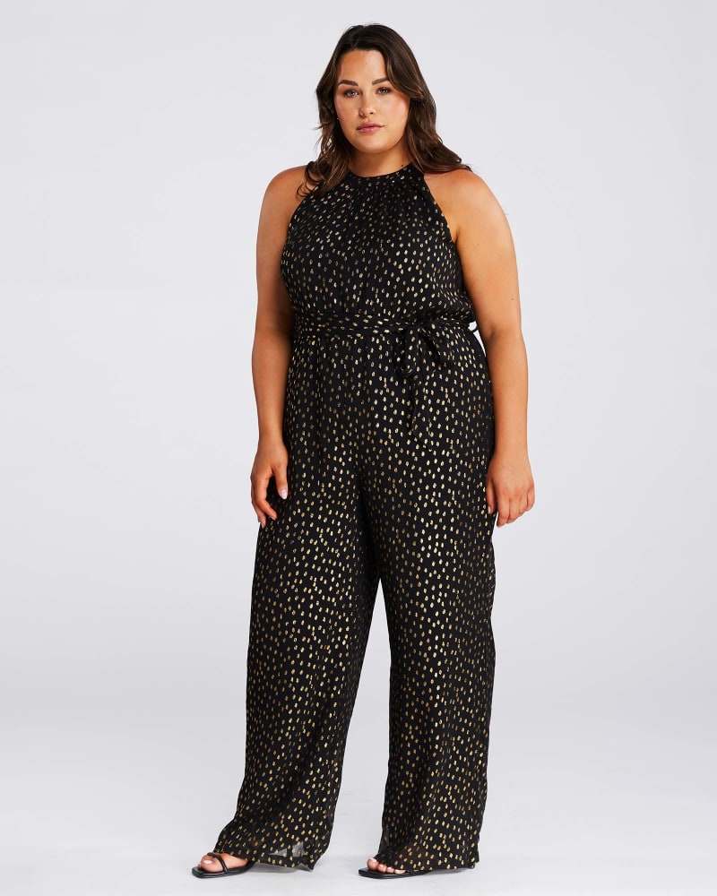 Front of a model wearing a size 24W Gold Dust Jumpsuit in Black/Gold by Estelle. | dia_product_style_image_id:314120